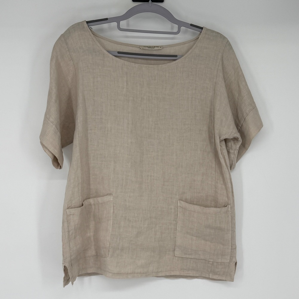 Francesca Bettini 100% Linen Top Italy Beige Short Sleeve Pocket S Lagenlook
